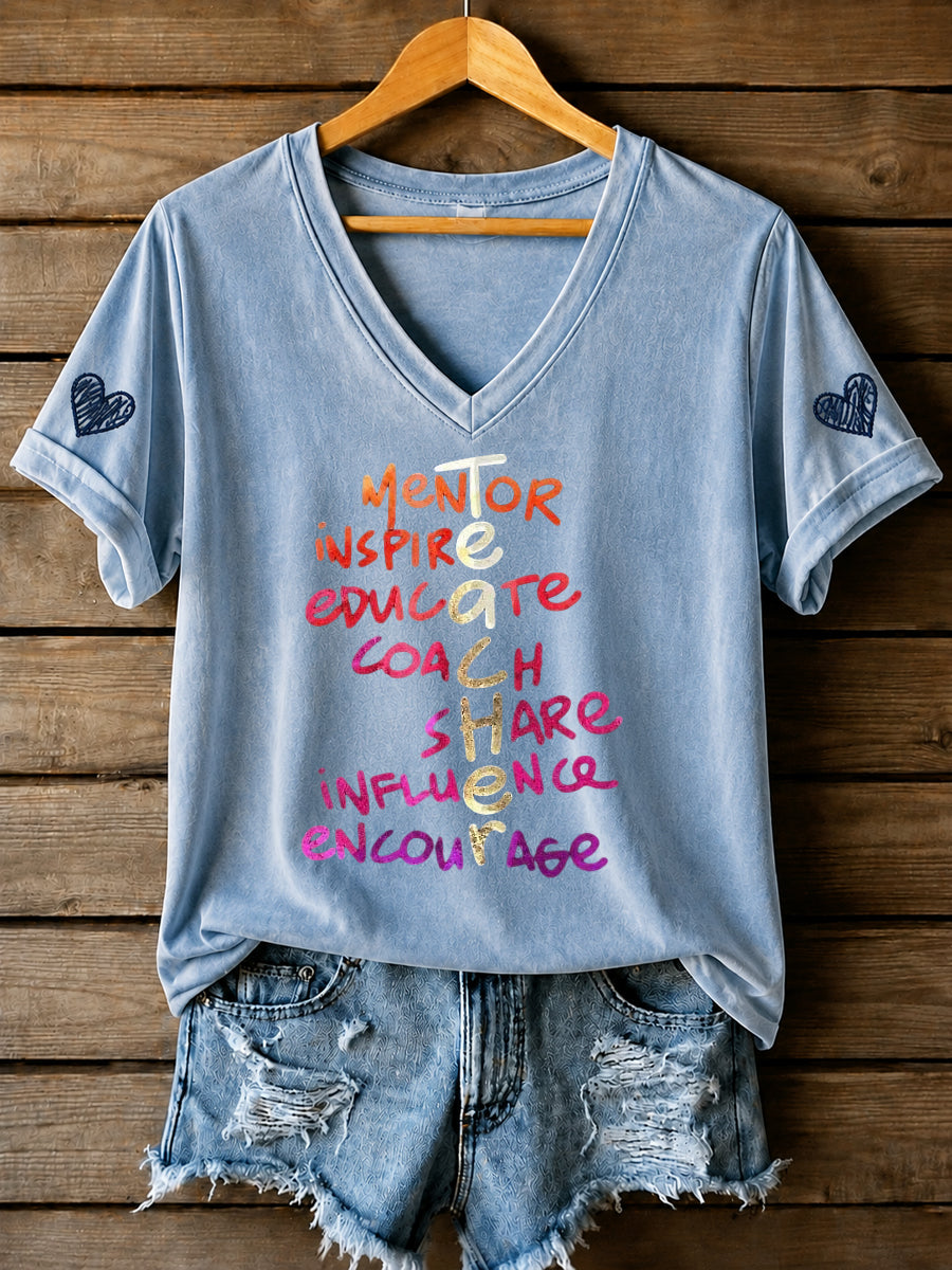 Retro Homecoming Casual V-Neck T-Shirt for Teachers