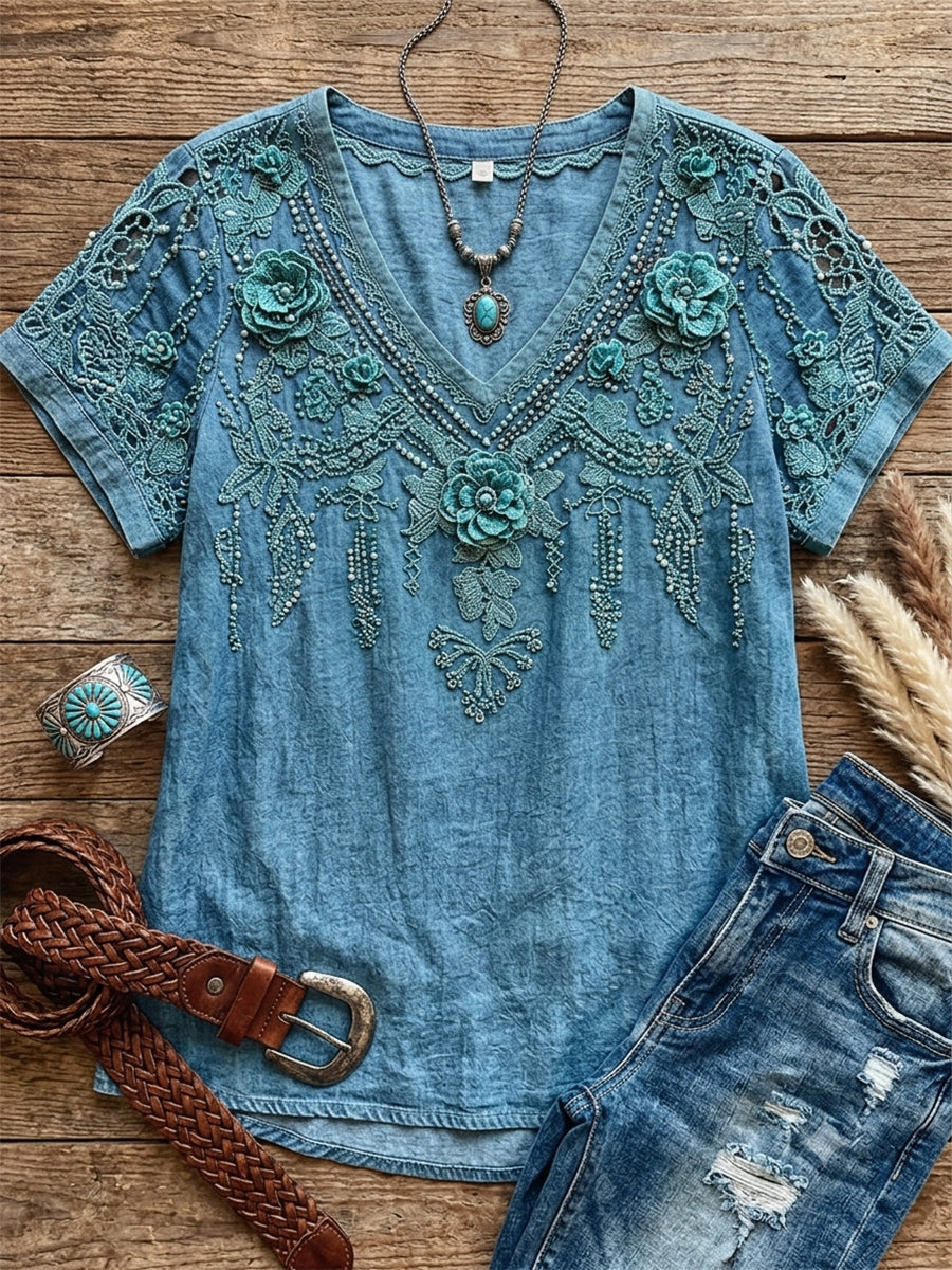 Women's Vintage Western Floral Art Print Linen Short-sleeved T-shirt