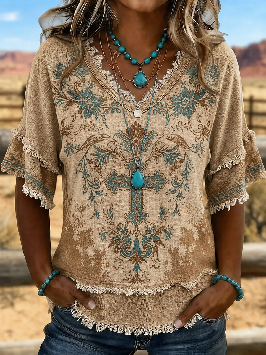 Women's Western-style print Cotton-Linen Shirt