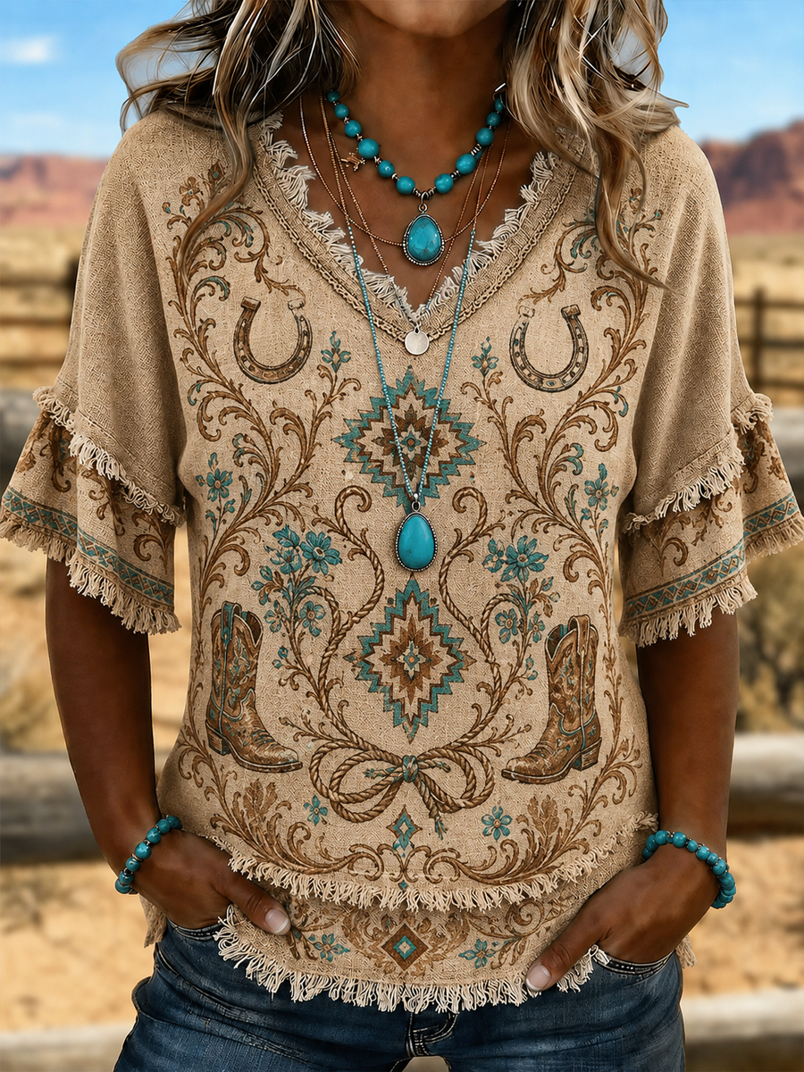 Women's Western-style print Cotton-Linen Shirt