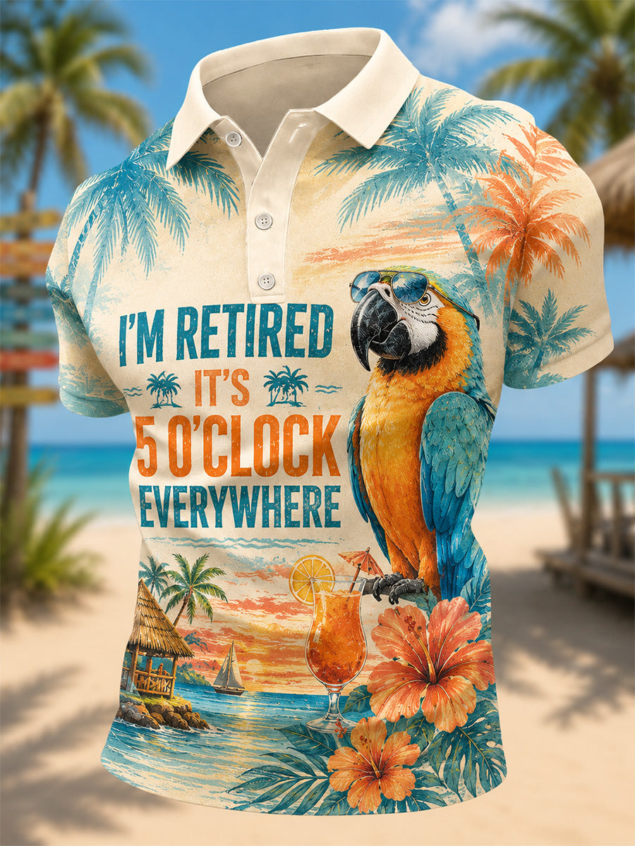 Men's I'm Retired It's 5 O'clock Everywhere Parrot Print Casual Polo