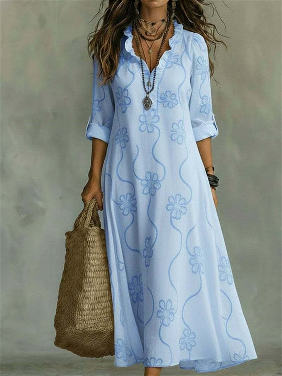 Women's Classy Floral Pattern Ruffle Trim V Neck Maxi Dress