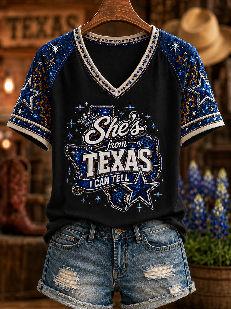 Women's She's From Texas I Can Tell Print Casual V-Neck Tee