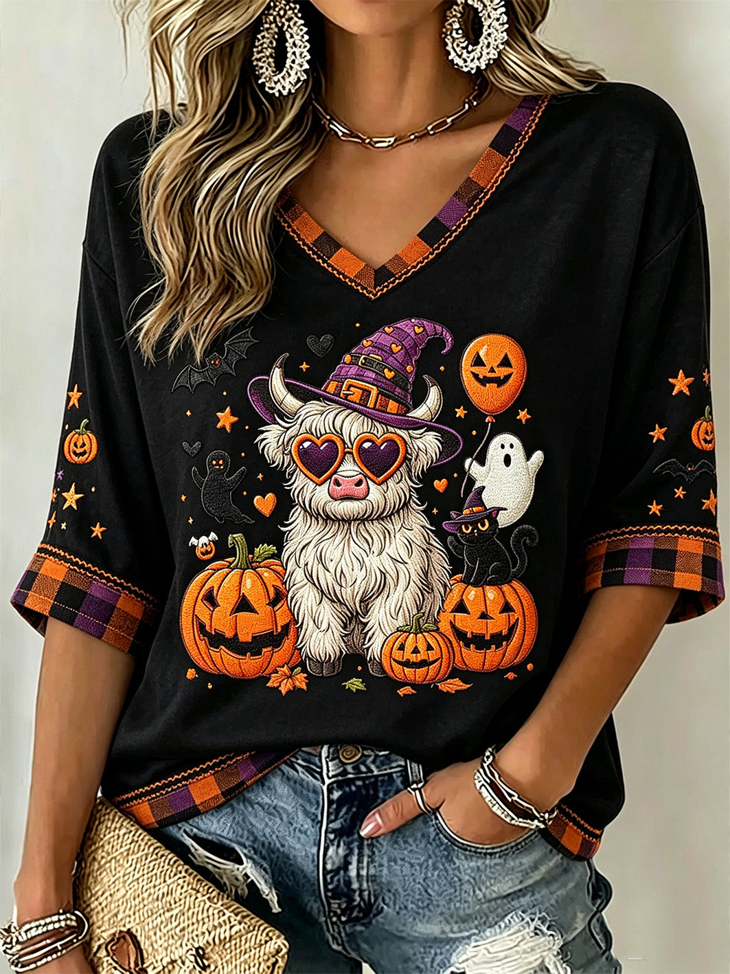 Women's Halloween Theme Pattern Printed Casual Mid-length Sleeves V-Neck T-Shirt
