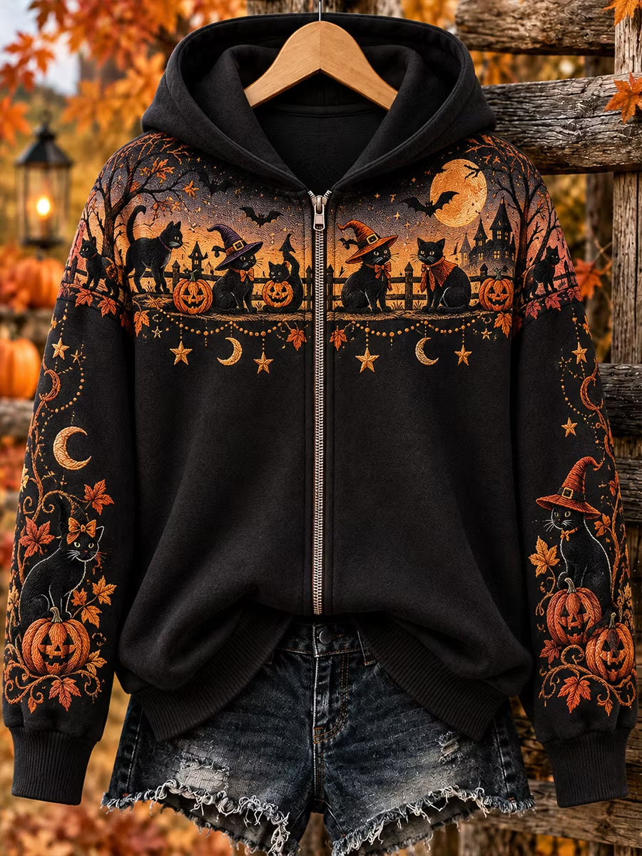 Women's Halloween Witch Cat Zip-Up Hoodie