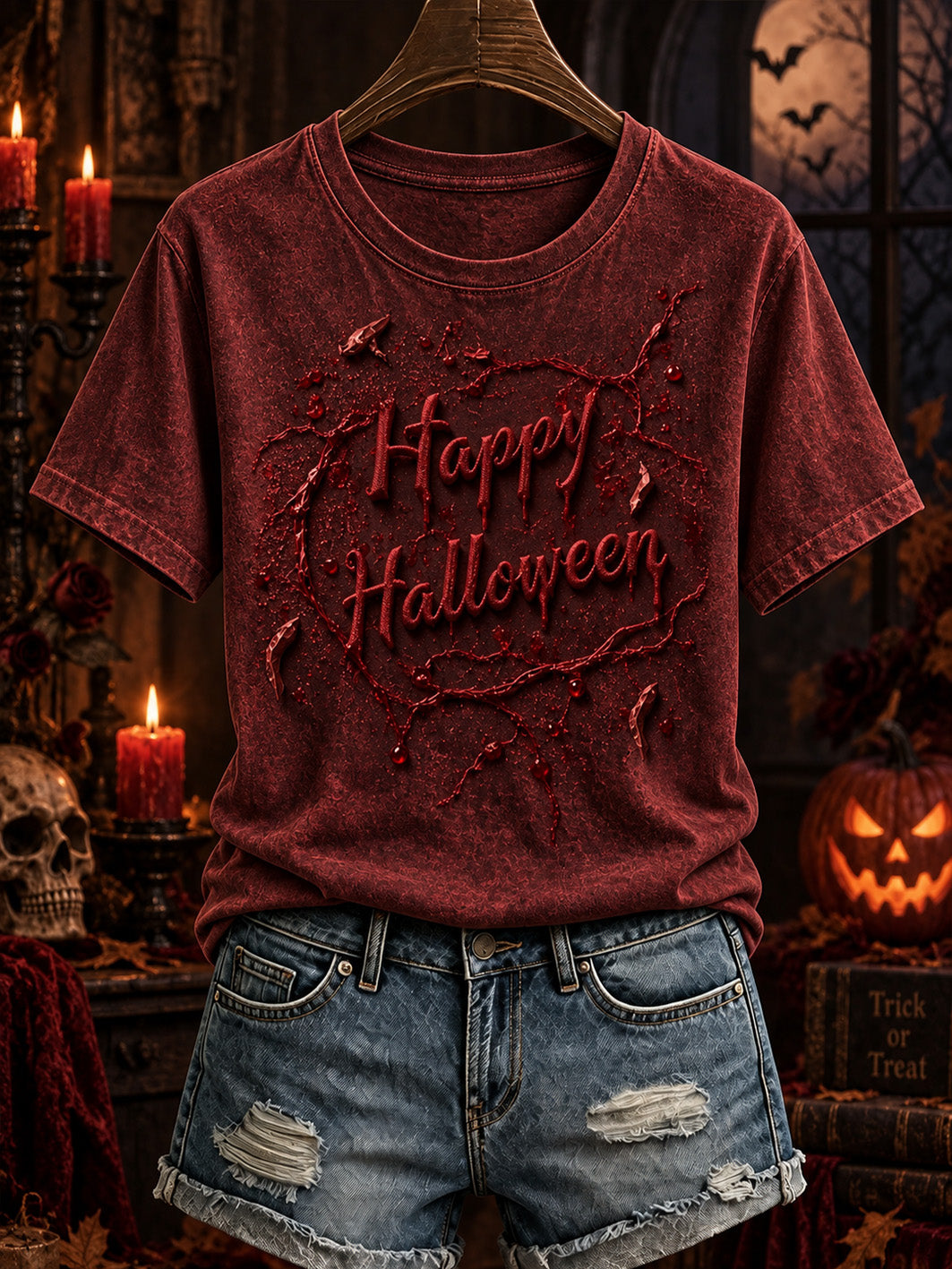 Women's Halloween-themed pattern print casual short-sleeve T-shirt