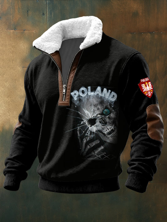 Férfi lengyel koponya nyomtatás fekete stand-up nyakörv pulóver