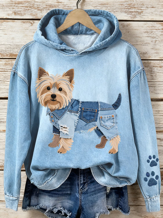 Női farmer patchwork művészet yorkshire terrier kutya minta kapucnis
