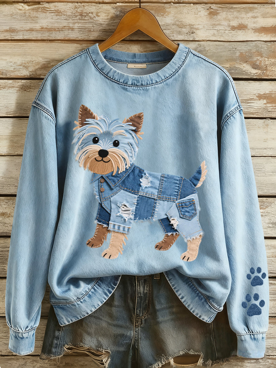 Női szép yorkshire terrier patchwork minta pulóver