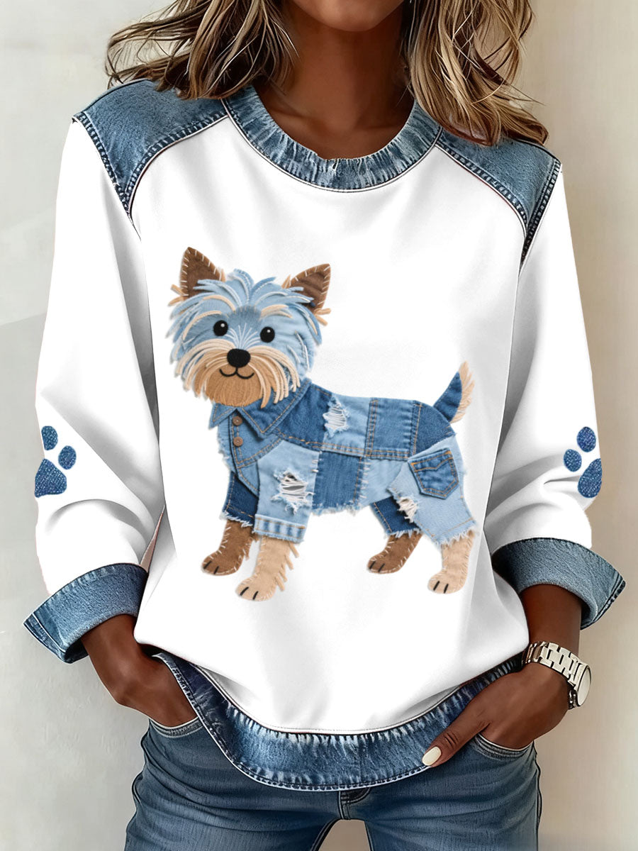 Női szép yorkshire terrier kutya minta farmer patchwork pulóver