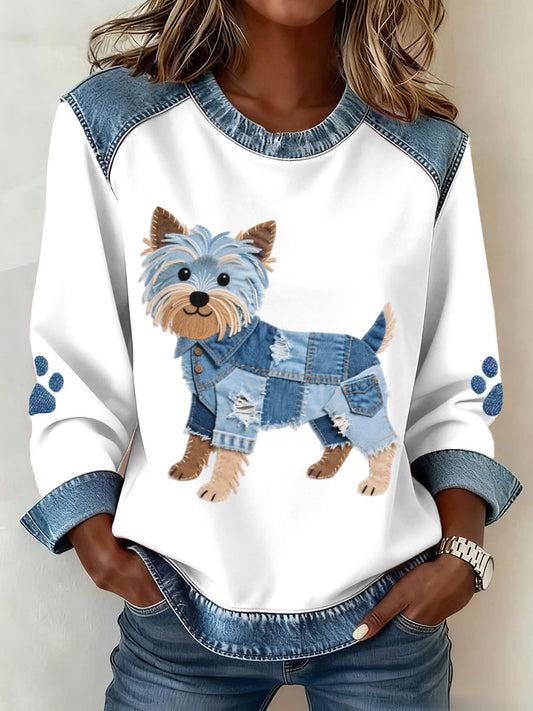 Női szép yorkshire terrier kutya minta farmer patchwork pulóver