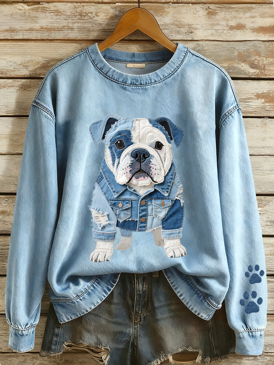 Női farmer patchwork művészet francia bulldog minta pulóver