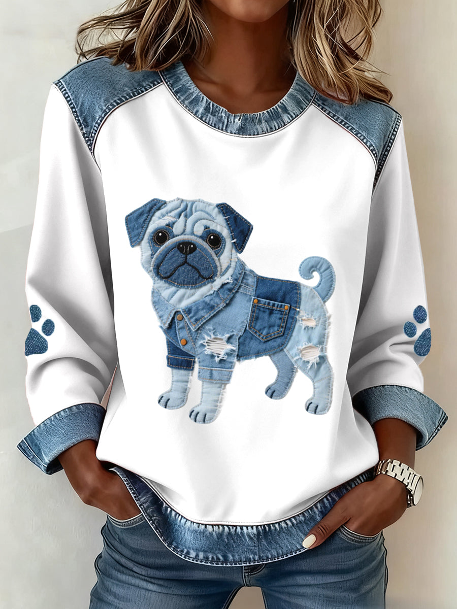 Női szép pug kutya minta farmer patchwork művészet pulóver
