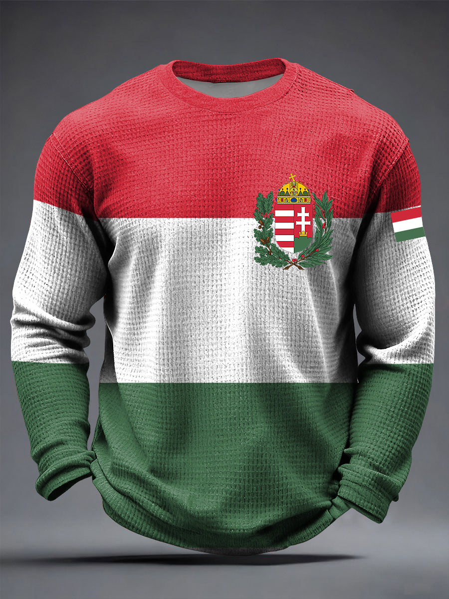Retro magyar zászló embléma waffle weave hosszú ujjú póló