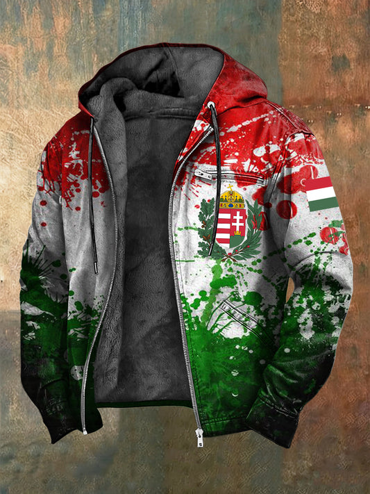 Retro absztrakt tinta-mosott magyar zászló fleece-bélelt csuklyás kabát