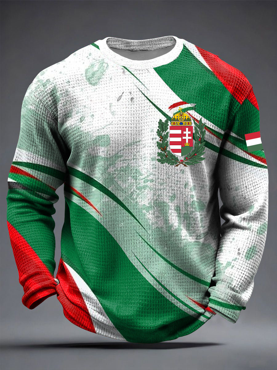 Retro magyar zászló csíkos waffle-weave crewneck pulóver