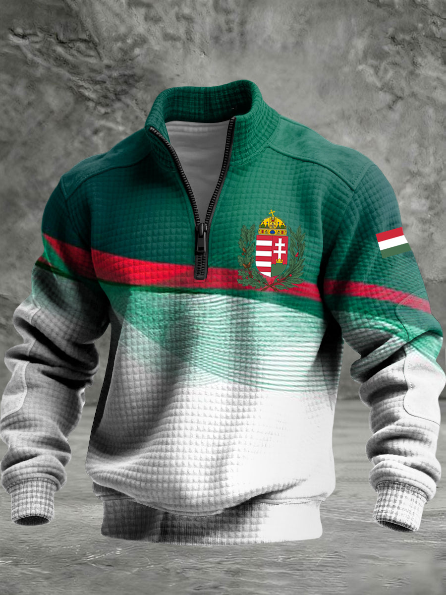Retro absztrakt csíkok magyar zászló cipzáras waffle kötött pulóver