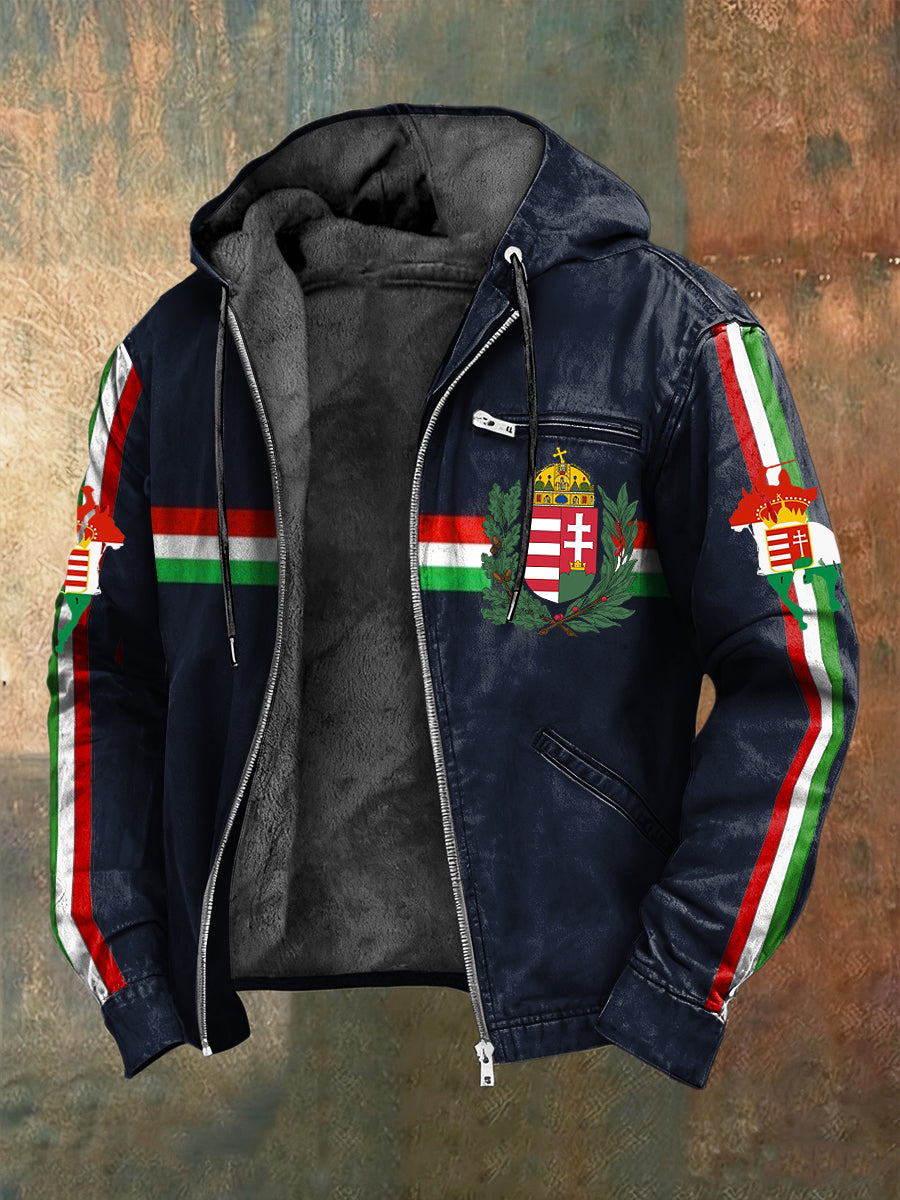Retro magyar zászló patch fleece-bélelt csuklyás kabát