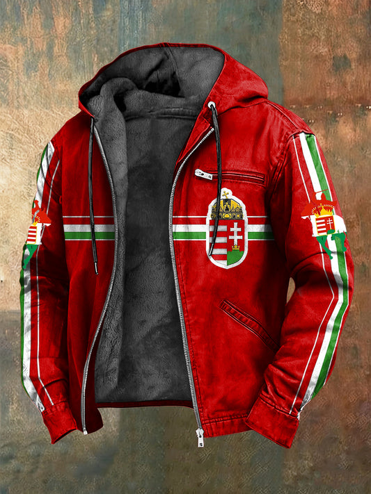 Retro magyar zászló patch fleece-bélelt csuklyás kabát