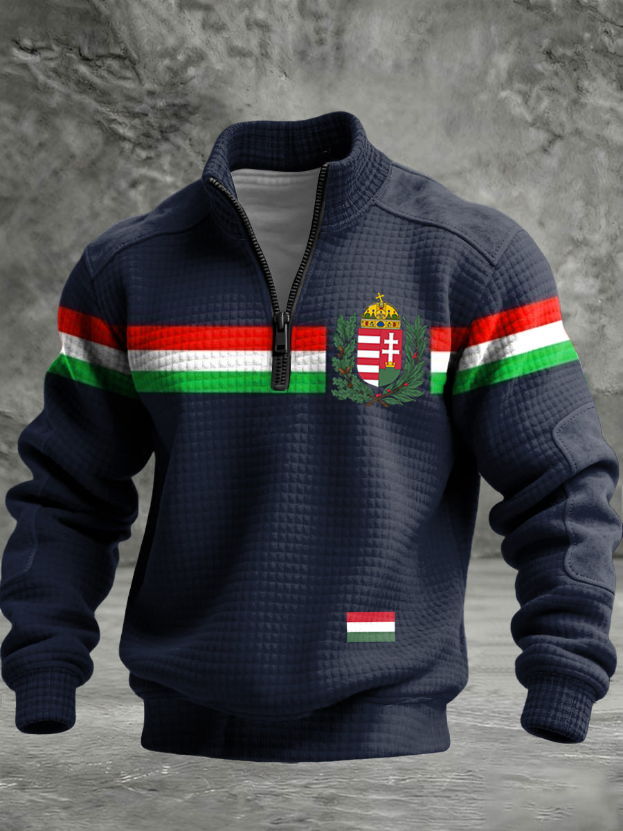Retro magyar zászló csík cipzár waffle kötött pulóver