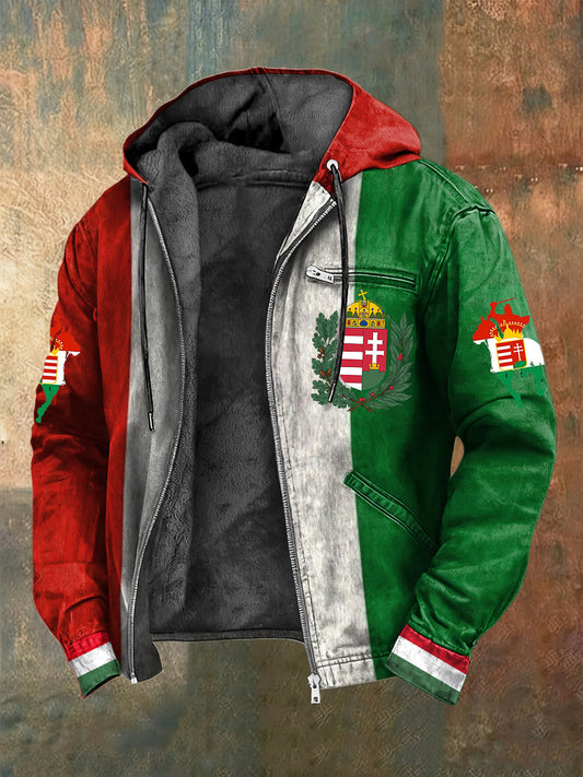 Retro magyar zászló patchwork fleece-bélelt csuklyás kabát