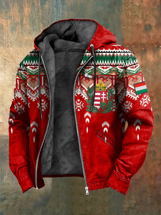 Retro magyar etnikai geometriai fleece-bélelt kapucnis kabát