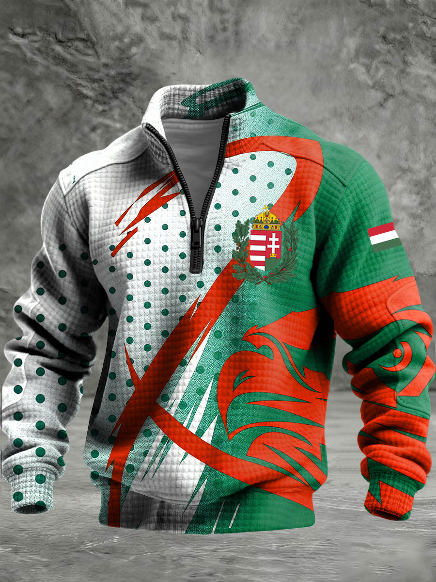 Retro absztrakt magyar sas waffle-szövés cipzáras pulóver