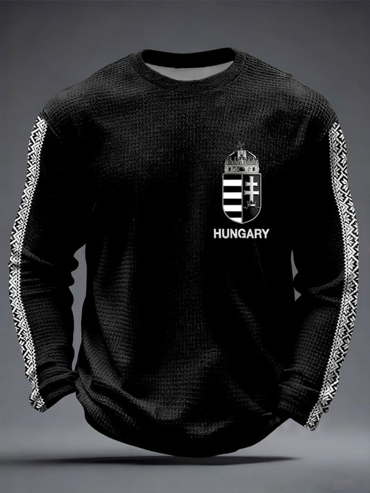 Retro magyar embléma etnikai ihletésű patchwork waffle-weave póló