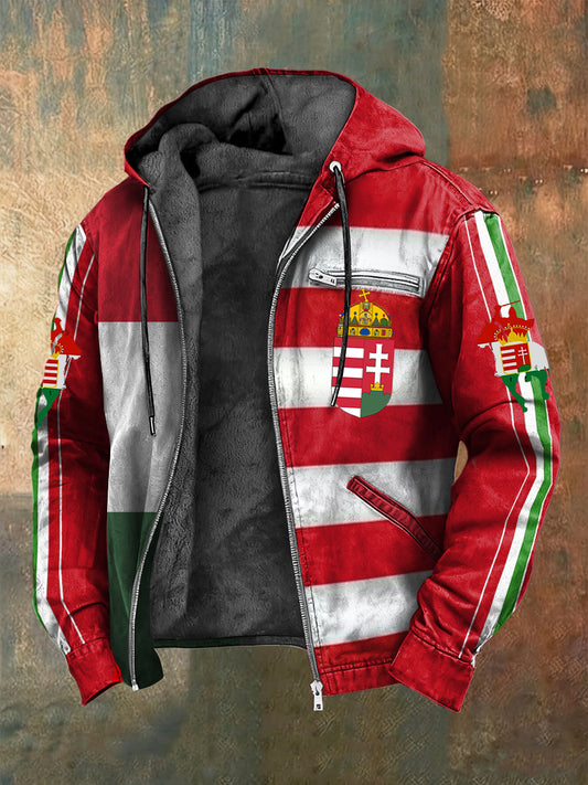Retro magyar zászló patchwork fleece-bélelt csuklyás kabát