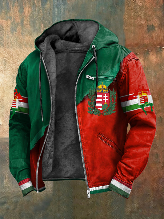 Retro patchwork magyar zászló fleece-bélelt csuklyás kabát