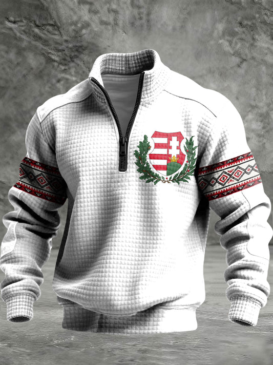 Retro magyar embléma etnikai waffle cipzáras pulóver