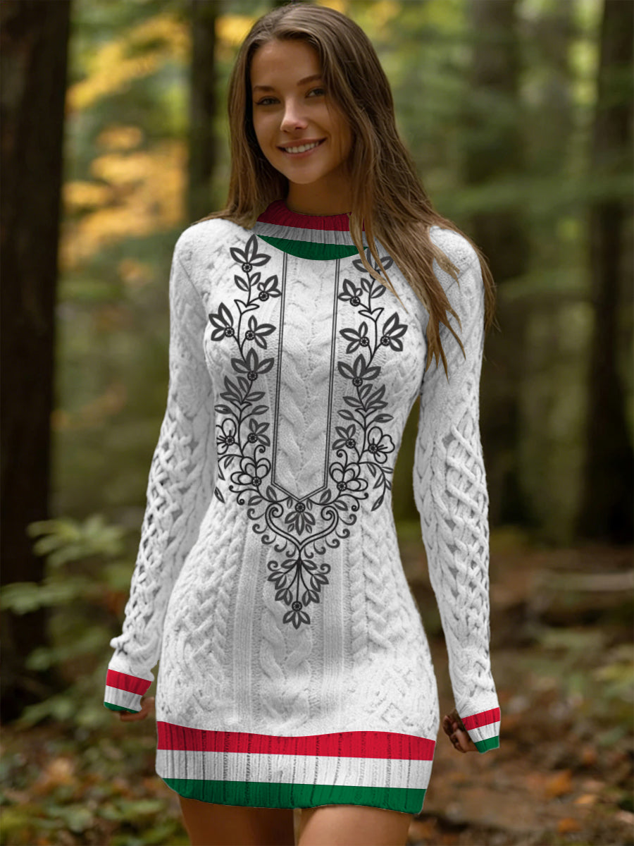 Női elegáns magyarország virágminta nyomtatás kötött ruha