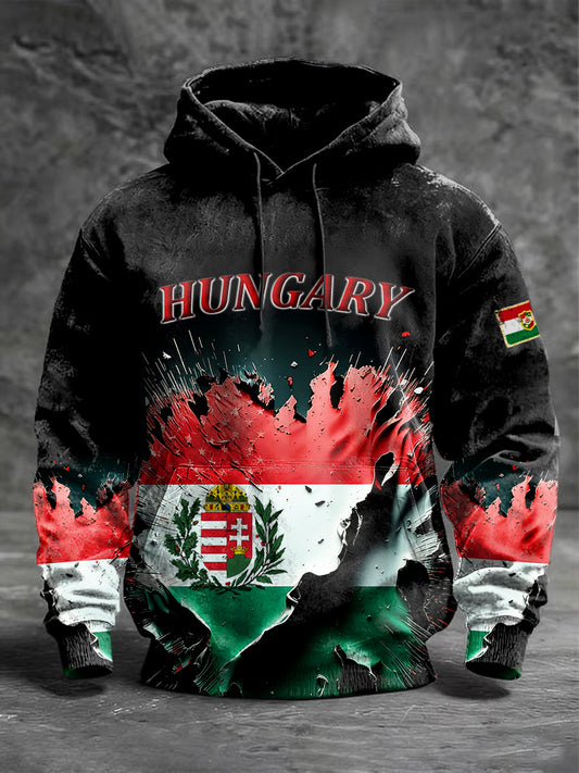 Férfi magyar zászló design patchwork csuklyás pulóver