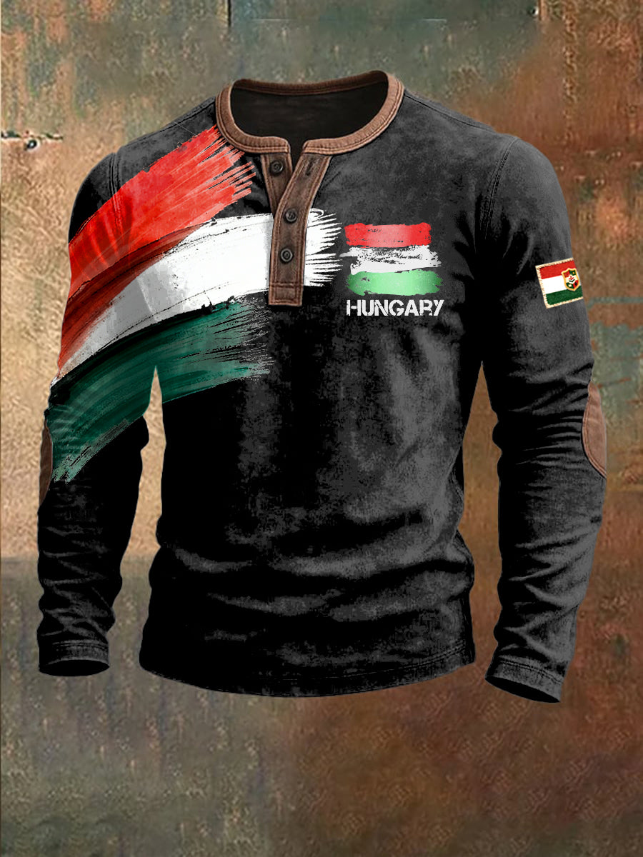 Férfi magyar zászló nyomtatás patchwork fekete pulóver