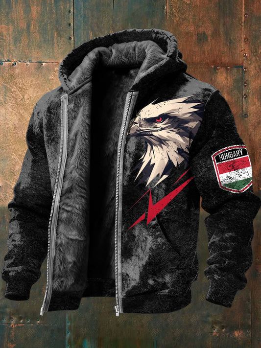 Férfi edgy red-eye eagle hungary crest print fleece-lined zip jacket