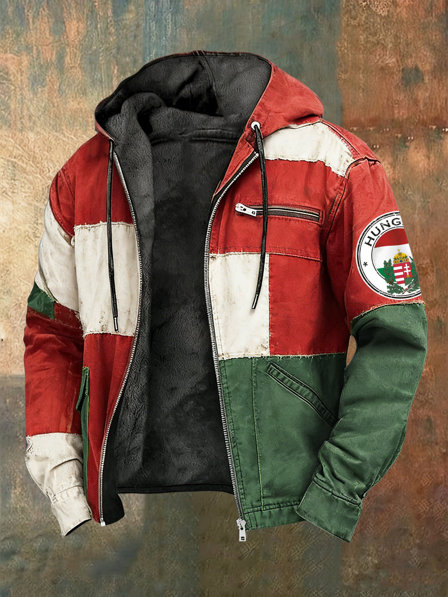 Retro absztrakt magyar zászló patchwork fleece-bélelt csuklyás kabát