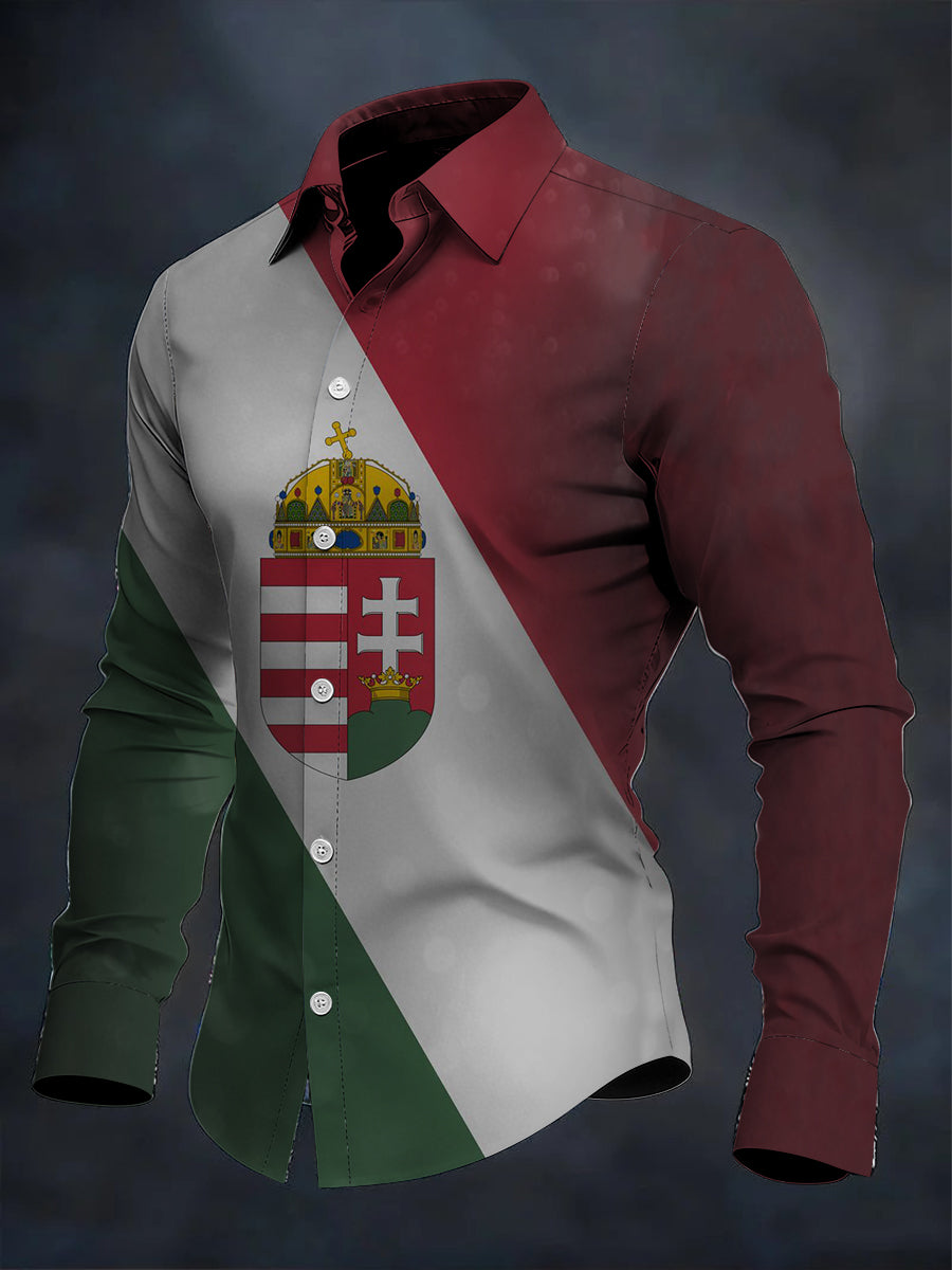 Férfi sleek magyarország crest zászló nyomtatás szín-blokk gomb-lefelé ing