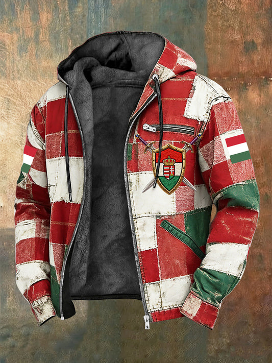 Vintage-mosott magyar plaid patchwork fleece-bélelt csuklyás kabát