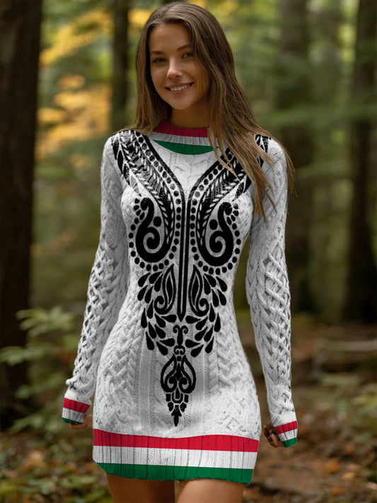 Női elegáns magyarország zászló fekete-mintás kötött ruha