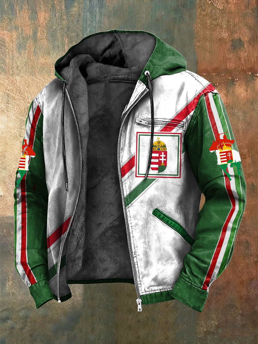 Retro magyar embléma csíkos patchwork fleece-bélelt csuklyás kabát