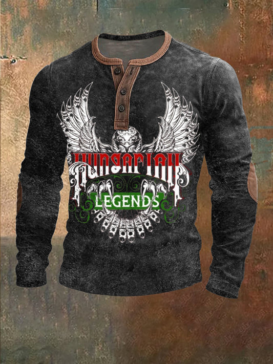 Férfi éles magyar legendák sas nyomtatás szorult henley hosszú ujjú