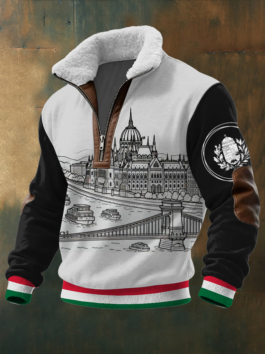 Férfi stílusos színes blokk budapest skyline nyomtatás gyapjú-nyakörv hoodie