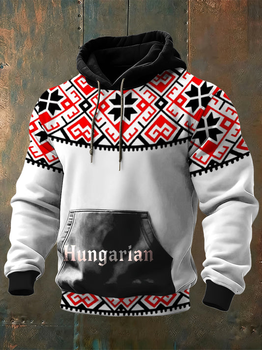 Férfi merész piros-fekete magyar minta nyomtatás kétszínű kapucnis