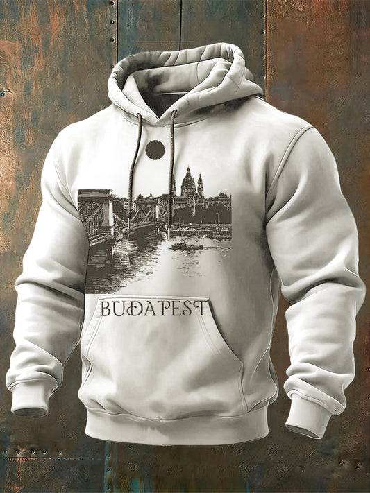 Férfi retro fekete-fehér budapest skyline nyomtatás light hoodie