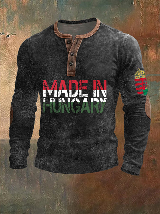 Férfi merész "made in hungary" zászló nyomtatás vintage henley hosszú ujjú