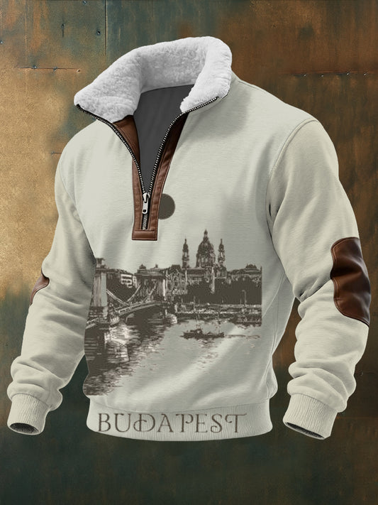 Férfi hangulatos retro budapest skyline nyomtatás gyapjú-nyakörv pulóver hoodie