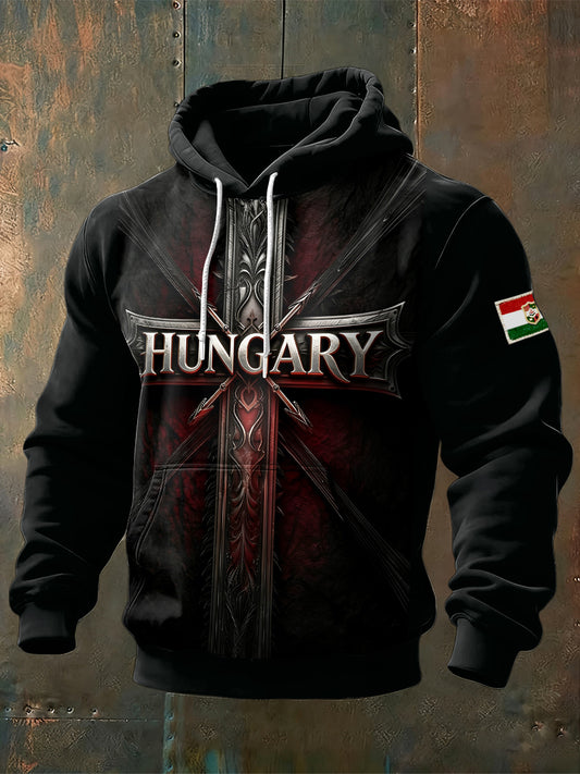 Férfi fekete csuklyás pulóver magyarország kereszt nyomtatással