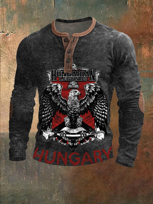 Férfi feltűnő magyar sas & korona nyomtatás retro henley hosszú ujjú