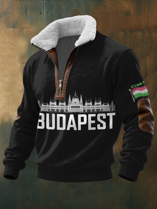 Férfi merész fekete-fehér budapesti parlament nyomtatás gyapjú-galléros kapucnis