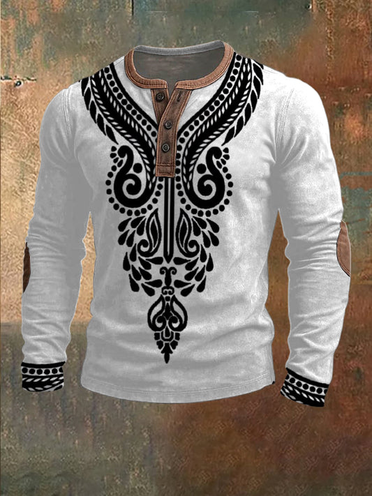 Férfi karcsú fekete díszes minta fehér henley hosszú ujjú